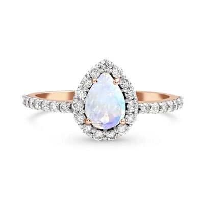 Bague en forme de larme Halo / Or rose 18 carats avec pierre de lune arc-en-ciel et topaze blanche - Moyen (US 7)