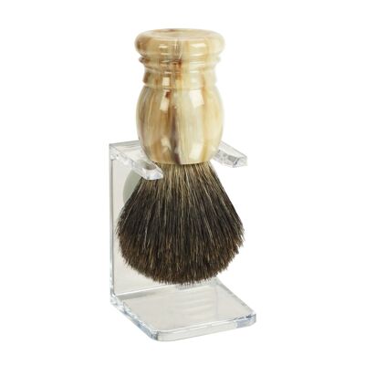 Shaving brush holder, clear plastic with Rein Badger shaving brush