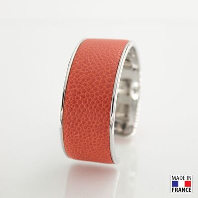 Bracelet taille L-finition rhodié - couleur orange - cuir EPV de luxe taurillon grainé galuchat