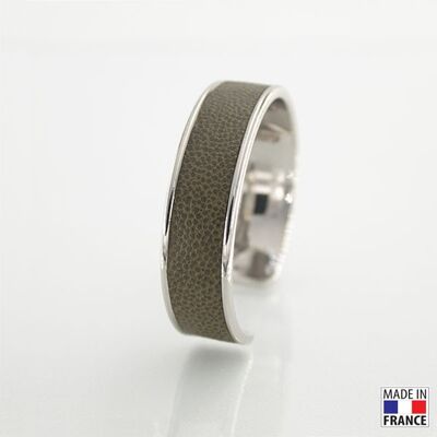 Bracelet taille M-finition rhodié - couleur kaki - cuir EPV de luxe taurillon grainé galuchat