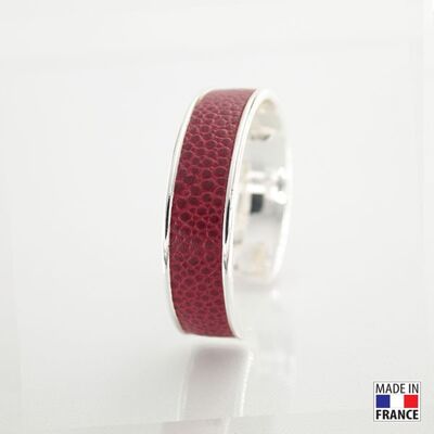 Bracelet taille M-finition rhodié - couleur rouge bordeaux - cuir EPV de luxe taurillon grainé galuchat