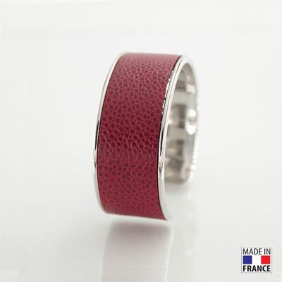 Bracelet taille L-finition rhodié - couleur rouge bordeaux - cuir EPV de luxe taurillon grainé galuchat
