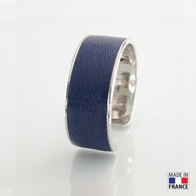 Bracelet taille L-finition rhodié - couleur bleu marine - cuir EPV de luxe taurillon grainé galuchat