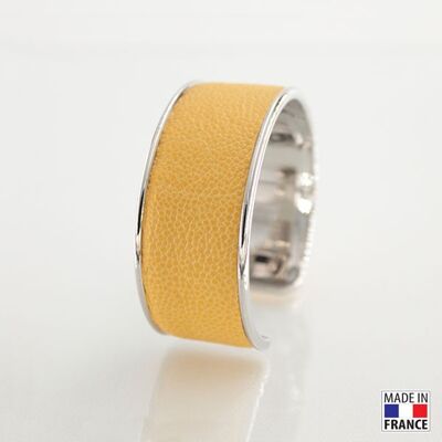 Bracelet taille L-finition rhodié - couleur jaune paille - cuir EPV de luxe taurillon grainé galuchat