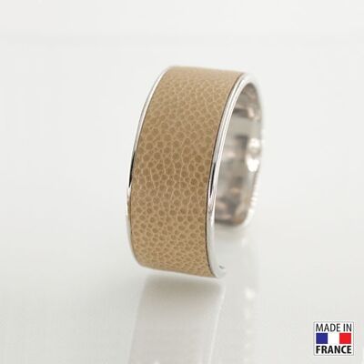 Bracelet taille L-finition rhodié - couleur beige - cuir EPV de luxe taurillon grainé galuchat