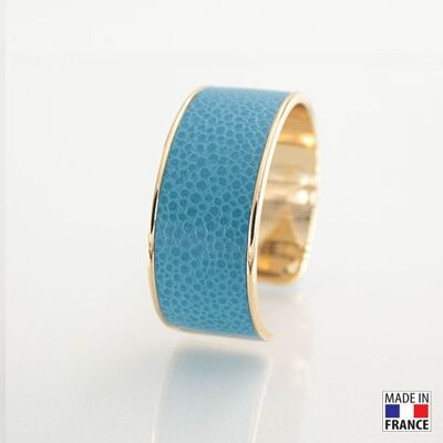Bracelet taille L-finition doré - couleur Bleu artic - cuir EPV de luxe taurillon grainé galuchat