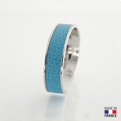 Bracelet taille M-finition rhodié - couleur Bleu artic - cuir EPV de luxe taurillon grainé galuchat