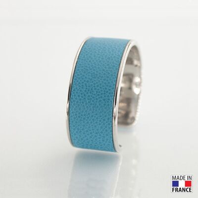 Bracelet taille L-finition rhodié - couleur Bleu artic - cuir EPV de luxe taurillon grainé galuchat