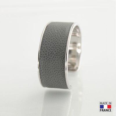 Bracelet taille L-finition rhodié - couleur Gris acier - cuir EPV de luxe taurillon grainé galuchat