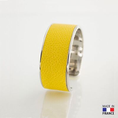 Bracelet taille L-finition rhodié - couleur Jaune citron - cuir EPV de luxe taurillon grainé galuchat