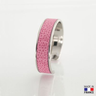 Bracelet taille M-finition rhodié - couleur Rose hortensia - cuir EPV de luxe taurillon grainé galuchat