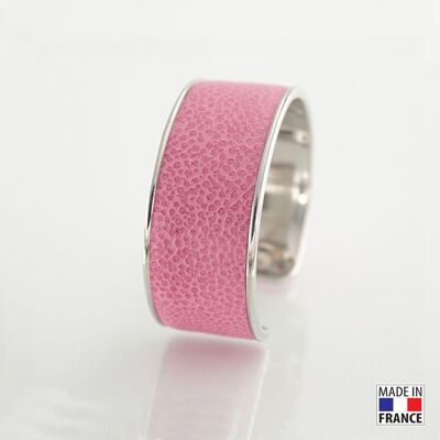 Bracelet taille L-finition rhodié - couleur Rose hortensia - cuir EPV de luxe taurillon grainé galuchat