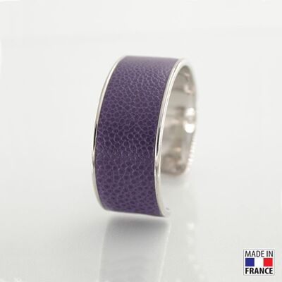Bracelet taille L-finition rhodié - couleur Cassis - cuir EPV de luxe taurillon grainé galuchat