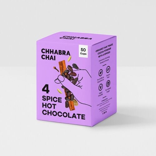 Chhabra Chai 4 Spice Hot Chocolate 50 Cups - Vegan, Fairtrade and Unsweetened Full Bodied Spiced Cocoa Blend