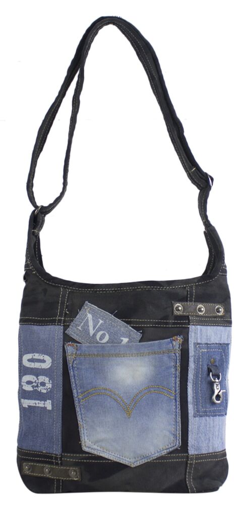 Sunsa Canvas Hobotasche Umhängetasche aus recycelten Jeans Crossbody Bag schwarz