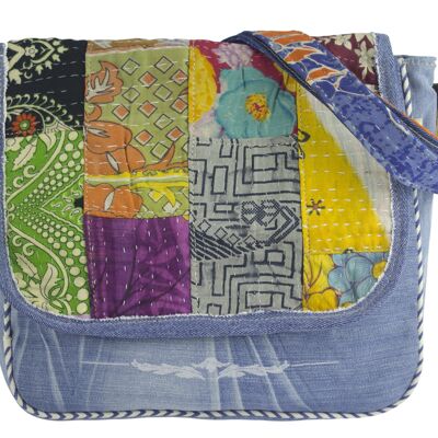 Sunsa women's messenger bag. Sustainable shoulder bag made from recycled sari & jeans