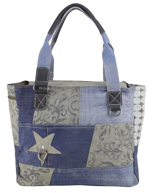 Sunsa Damen Handtasche Shopper aus recycelter Jeans und Canvas in Patchwork Design