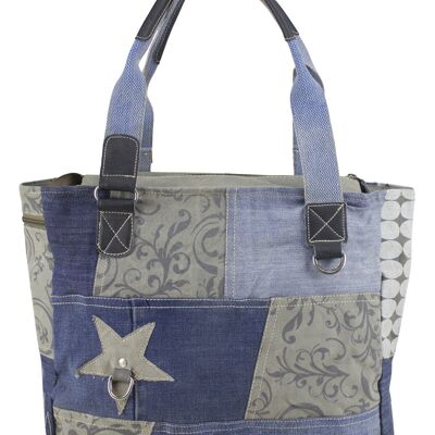 Sunsa Damen Handtasche Shopper aus recycelter Jeans und Canvas in Patchwork Design