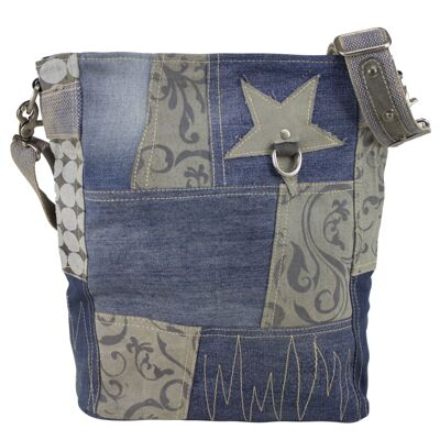 Borsa a tracolla Sunsa in design patchwork Borsa a tracolla realizzata con jeans riciclati