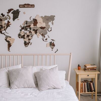 Mapa del mundo de madera, mapa de palabras de pared de madera