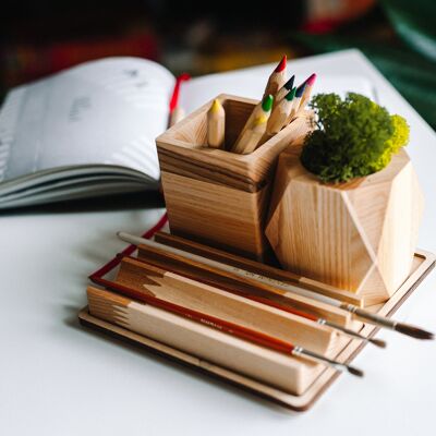 Wooden desk organizer with moss, Desk accessories