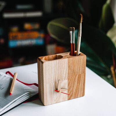 Organizzatore da scrivania in legno, Organizzatore da scrivania in legno con orologio