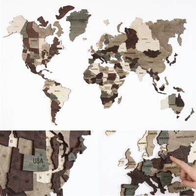 Weltkarte aus Holz, Weltkarte aus Holz, mehrfarbig