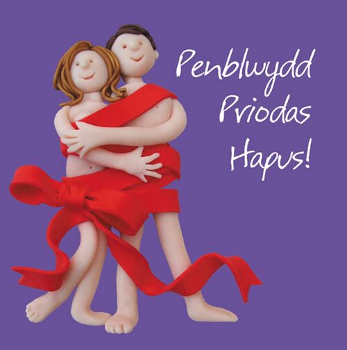 Penblwydd priodas hapus - ribbon Welsh language birthday card