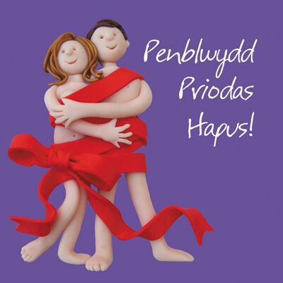 Penblwydd priodas hapus - biglietto di compleanno in lingua gallese con nastro