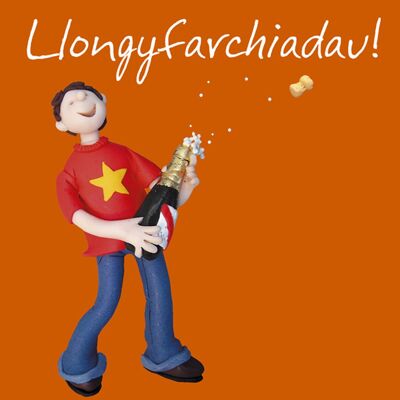 Llongyfarchiadau - tarjeta de felicitaciones en idioma galés con champán