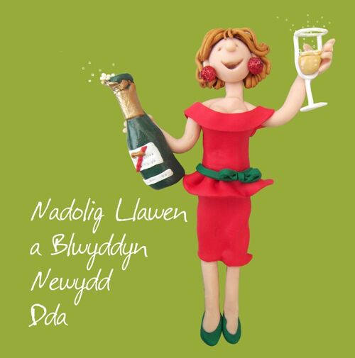 Nadolig Llawen a blwyddyn newydd dda champagne Welsh language Christmas card
