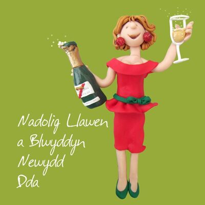 Nadolig Llawen una cartolina di Natale in lingua gallese con champagne blwyddyn newydd dda