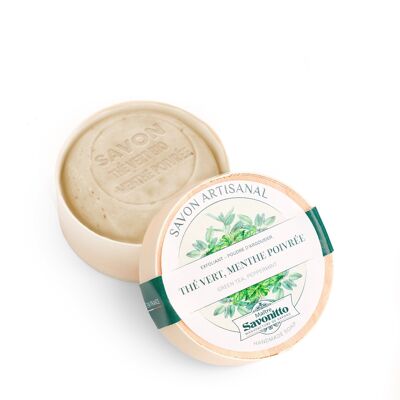 Savon exfoliant Thé Vert-Menthe Poivrée Bio dans boite en bois 100g