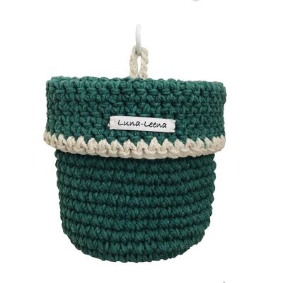 cesta colgante sostenible de algodón - verde pino - hecha a mano en Nepal - cesta de ganchillo verde