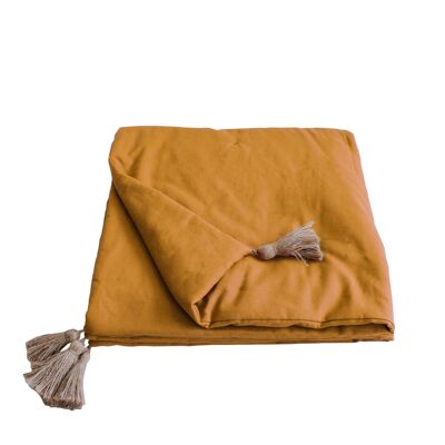 Quilt with jute pompoms, Mustard Yellow, 90x190 cm, Panama Collection