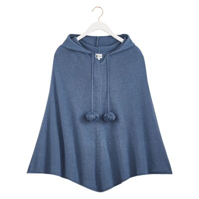 Women's denim blue hooded poncho in wool and cashmere