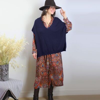 Women's navy poncho sweater in wool and cashmere