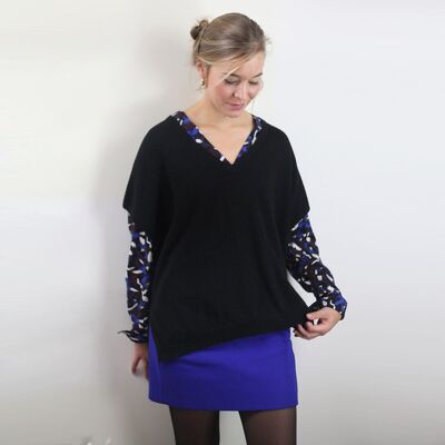 Schwarzer Poncho-Pullover mit Pailletten für Damen aus Wolle und Kaschmir