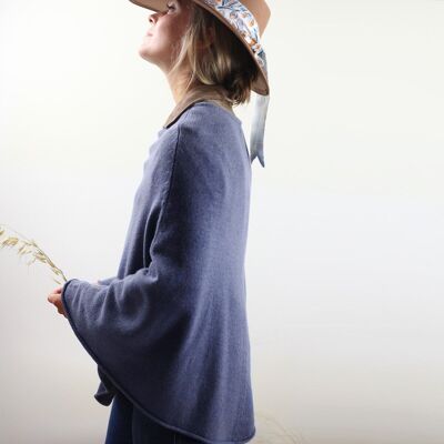 Women's denim blue poncho in wool and cashmere