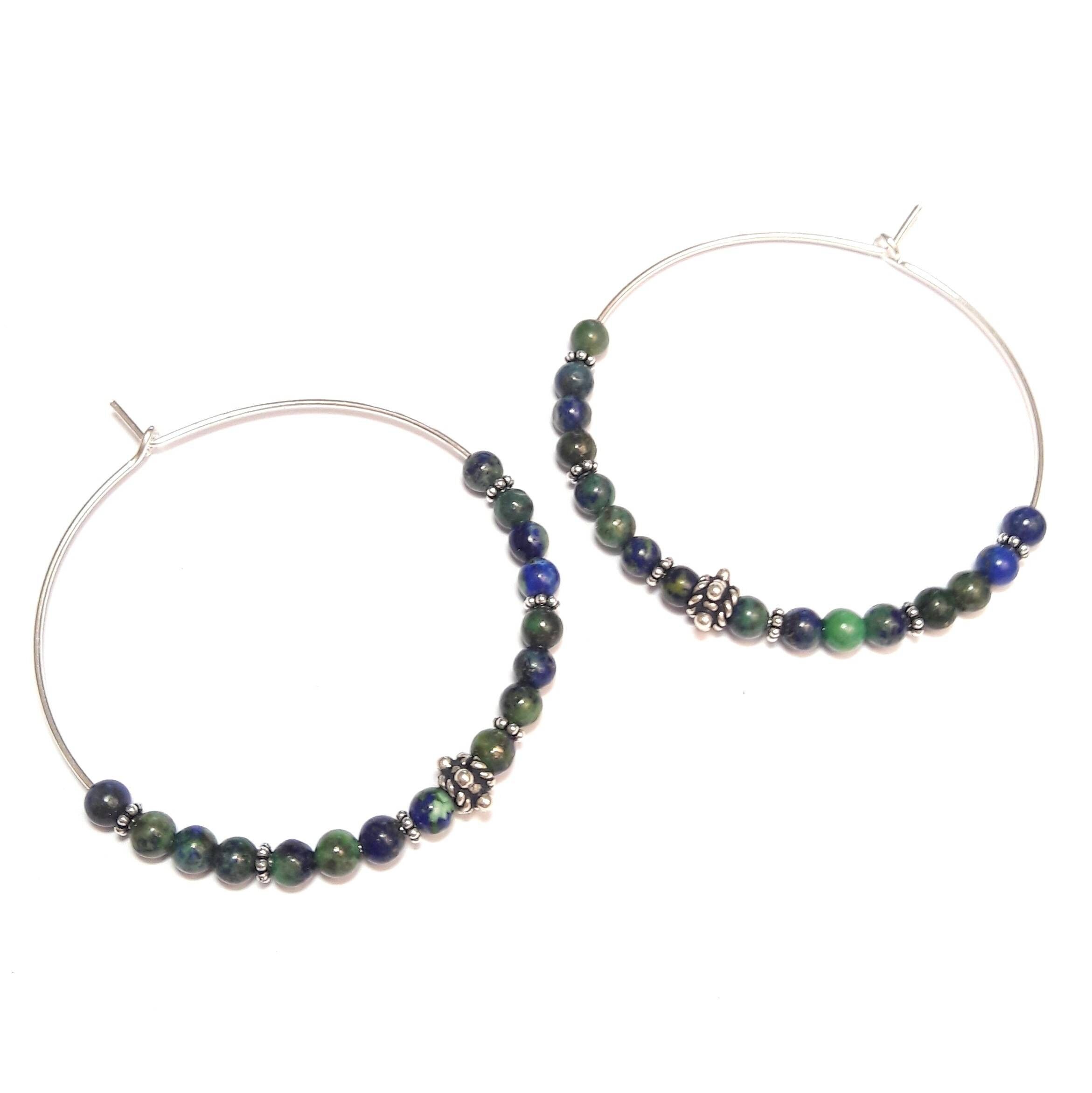 Orecchini a cerchio in argento 925 con malachite azzurrite Marajó