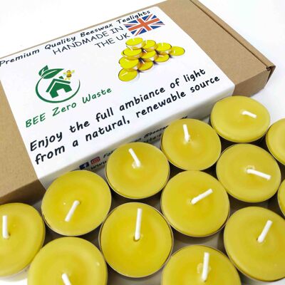 Pure beeswax tealights, 5 hours burn, handmade, pack of 15 with metal cups