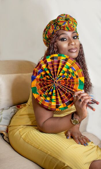 Kente/Ankara Turban Donut head wrap, fan and head band - Jaune (Kente) - Head wrap 1