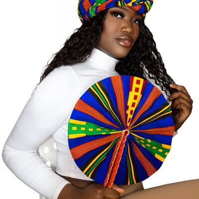 Kente/Ankara Turban Donut Kopftuch, Fächer und Stirnband - Blau & Mix - Headwrap/Fan Combo