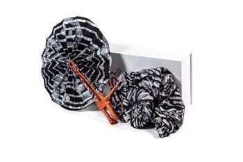 Kente/Ankara Turban Donut head wrap, fan and head band - Noir & Blanc - Headwrap/Fan Combo 7