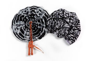 Kente/Ankara Turban Donut head wrap, fan and head band - Noir & Blanc - Headwrap/Fan Combo 8