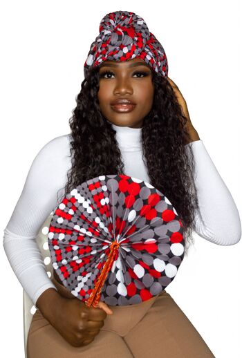 Enveloppe de tête Kente/Ankara Turban Donut, ventilateur et bandeau - Rouge et blanc - Headwrap/Fan Combo 1