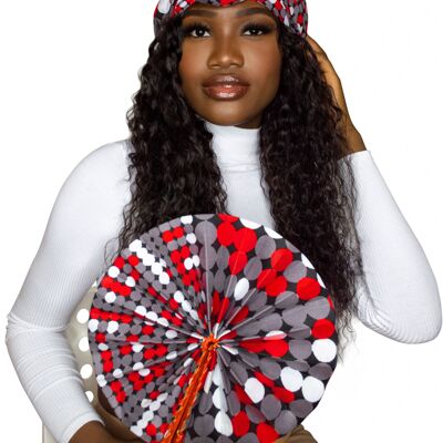 Kente/Ankara Turban Doughnut head wrap, fan and head band - Red & White - Headwrap/Fan Combo