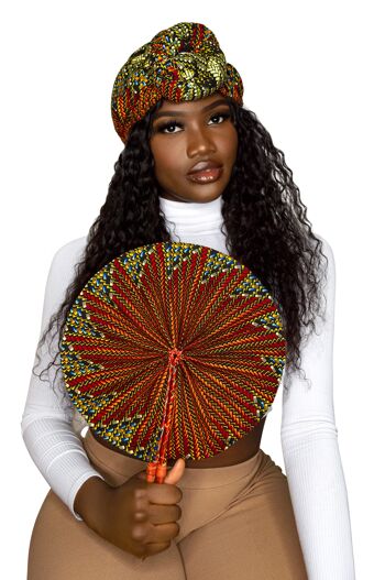 Kente/Ankara Turban Donut head wrap, fan and head band - Rouge & Jaune clair - Head wrap 1