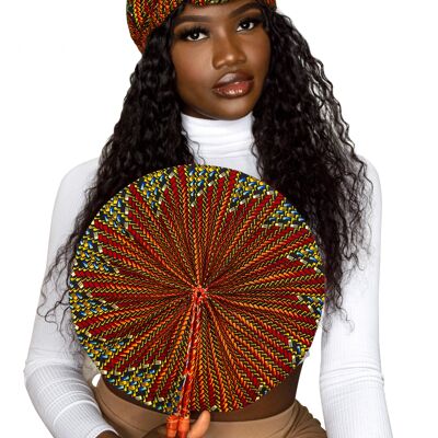 Kente/Ankara Turban Donut Head Wrap, abanico y banda para la cabeza - Rojo y amarillo claro - Abanico grande