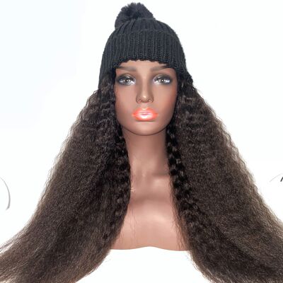 Kinky Straight Wig Hat: Hair attached to Bobble Pom Pom beanie hat - Black - 16"